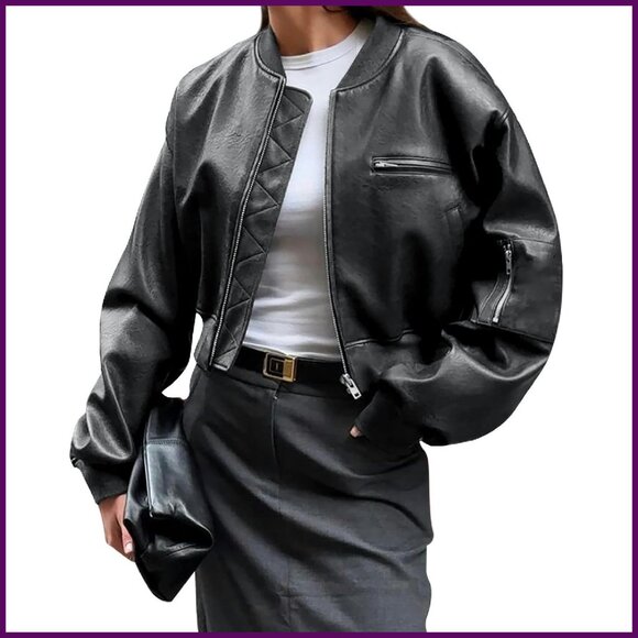 Faux Leather Bomber Jacket Cropped Biker Coat with Pockets